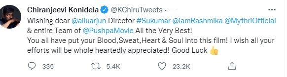 Chiranjeevi congrats to Pushpa movie team