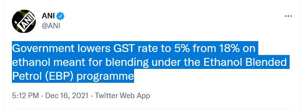 ethanol blended petrol gst cut