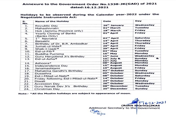 J&K Govt issues list of holidays for 2022