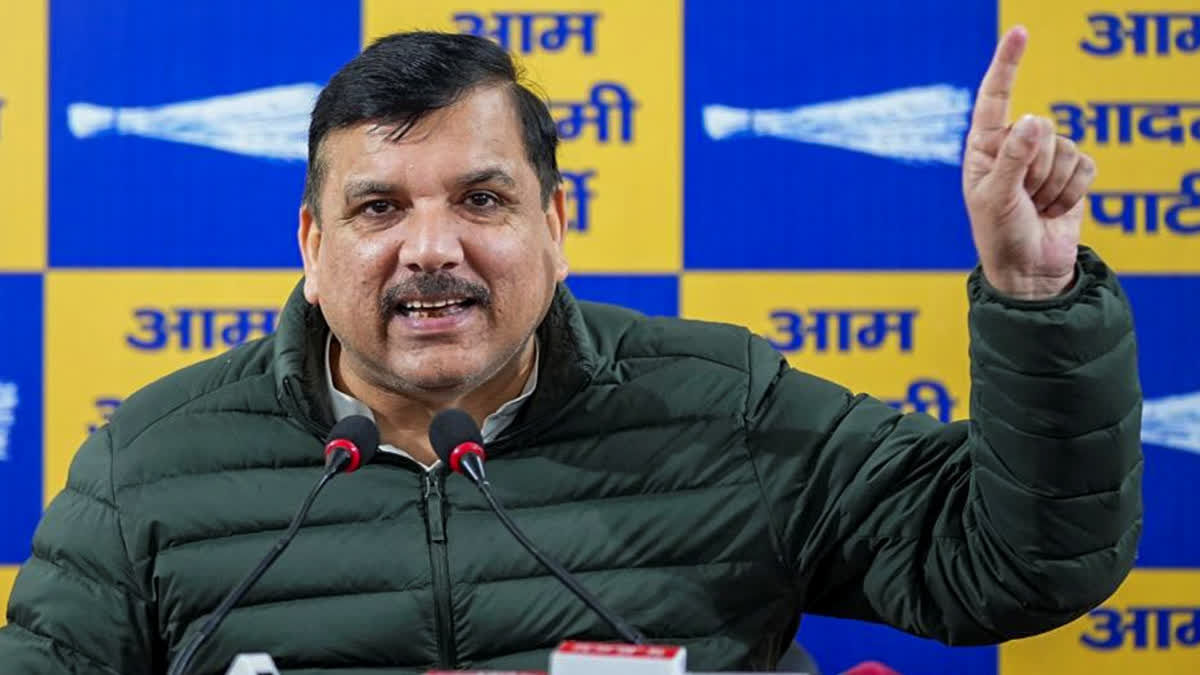 In this handout image via AAP, AAP leaader Sanjay Singh addresses during a press conference, in New Delhi, Sunday, Jan. 12, 2025.