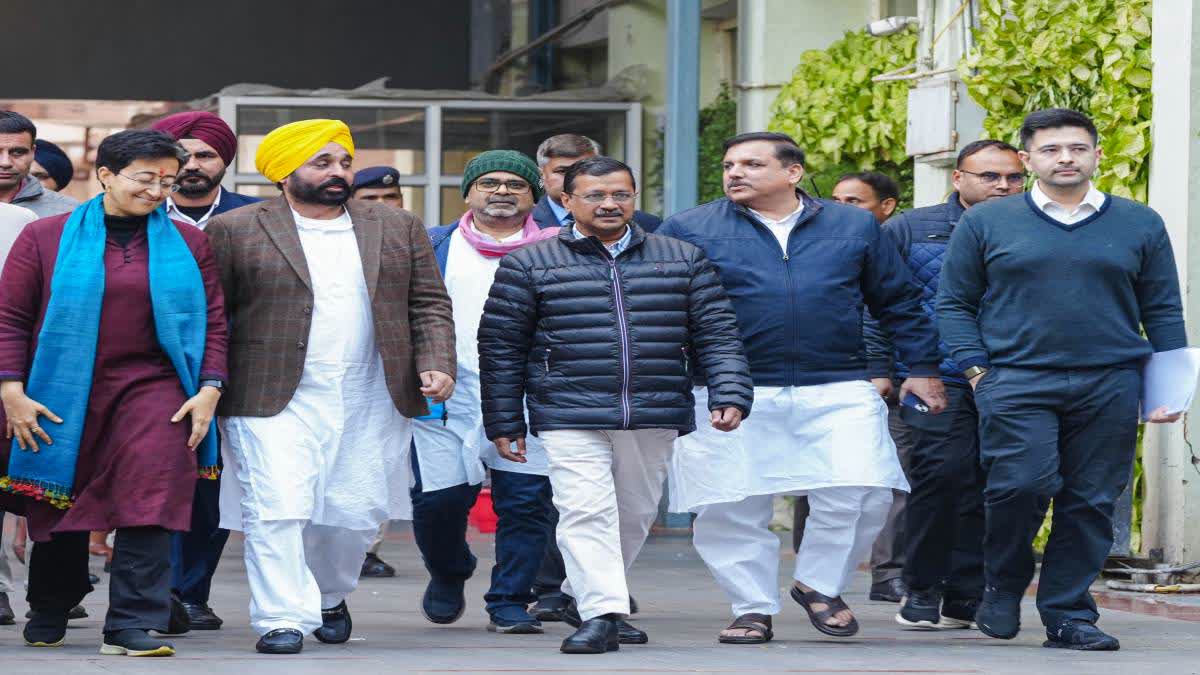 AAP covenor Arvind Kejriwal, CM Atishi, Punjab CM Bhagwant Mann and MP Sanjay Singh come out of the Election Commission office in New Delhi on Monday