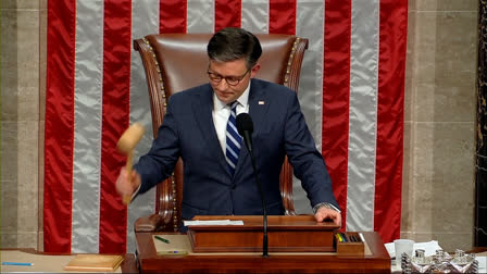 This image from House Television shows House Speaker Mike Johnson of La., banging the gavel after he announced the House voted to impeach Homeland Security Secretary Alejandro Mayorkas over the Biden administration's handling of the U.S-Mexico border, at the U.S. Capitol Tuesday, Feb. 13, 2024, in Washington. (House Television via AP)