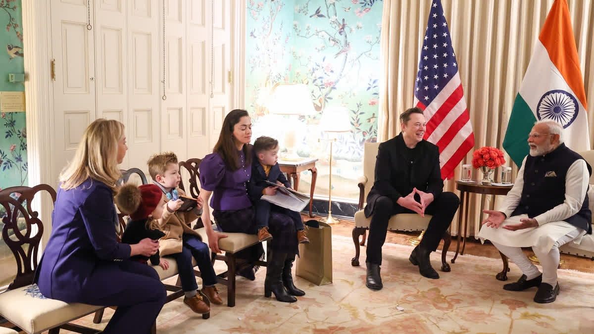 In this image released by PMO on Thursday, Feb. 13, 2025, Prime Minister Narendra Modi during a meeting with SpaceX CEO Elon Musk along with his children at the Blair House, in Washington, DC, USA.