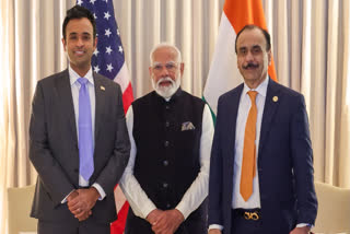 In this image released by PMO on Thursday, Feb. 13, 2025, Prime Minister Narendra Modi during a meeting with entrepreneur Vivek Ramaswamy, left, at the Blair House, in Washington, DC, USA.