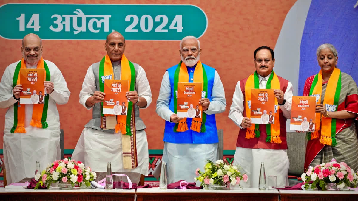 Prime Minister Narendra Modi released the BJP's Lok Sabha poll manifesto here on Sunday in the presence of party president J P Nadda, Home Minister Amit Shah, Defence Minister Rajnath Singh and other leaders.