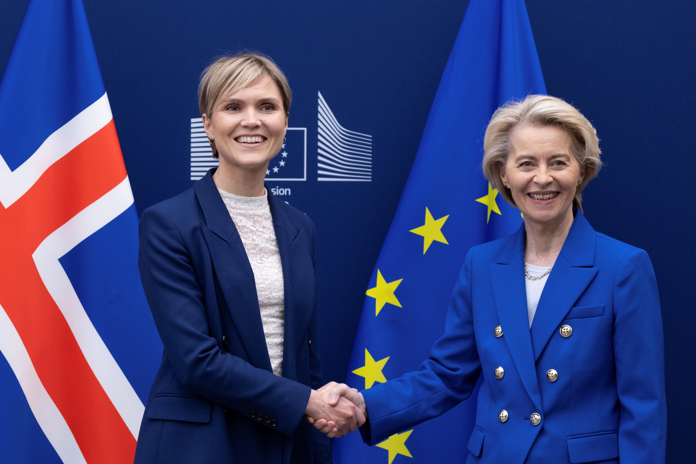 European Commission President Ursula von der Leyen, right, greets Iceland's Prime Minister Kristrun Frostadottir prior to a meeting at the EU headquarters in Brussels