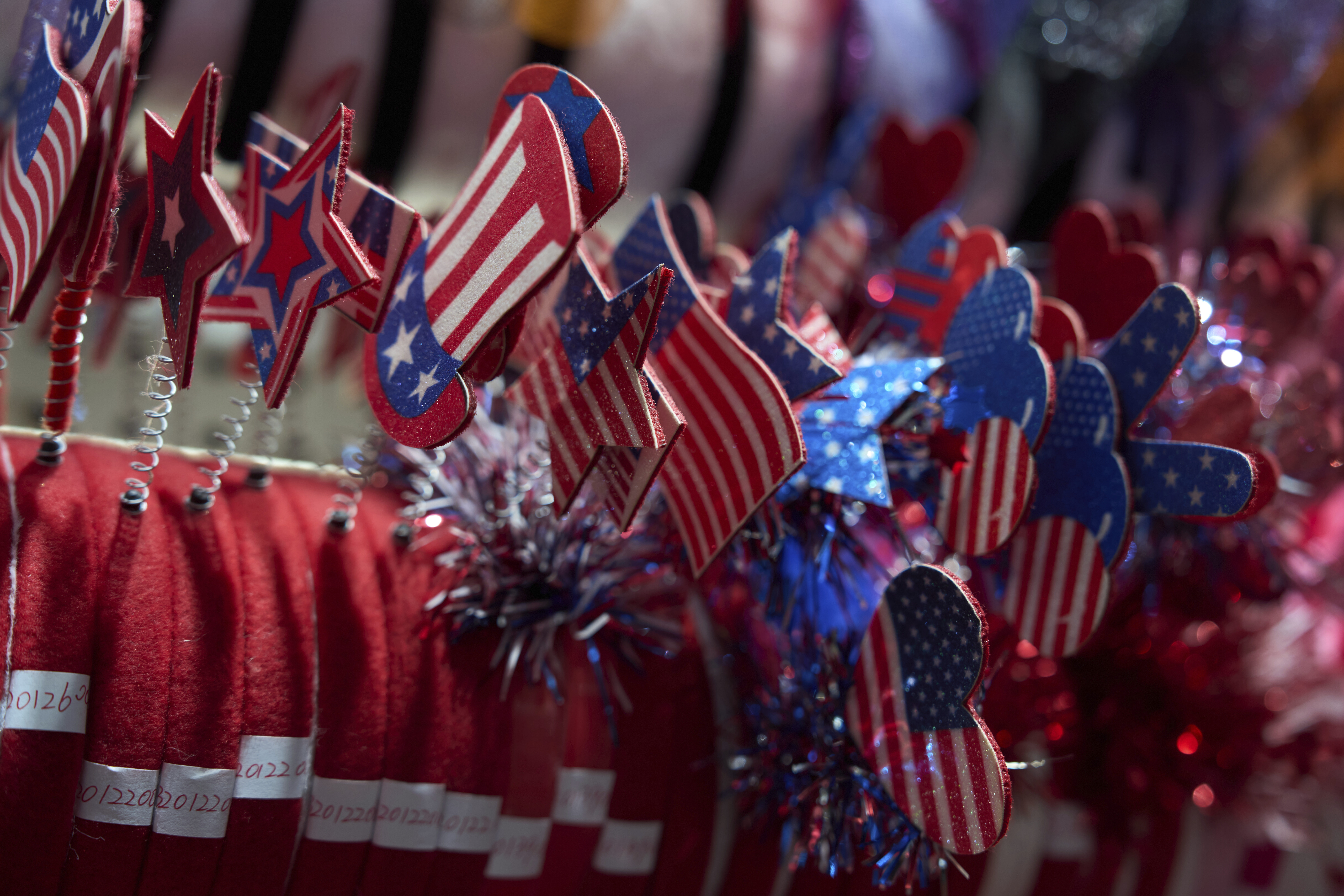 U.S. flag themed wearables are displayed at the Yiwu International Trade Market in Yiwu, eastern China's Zhejiang province