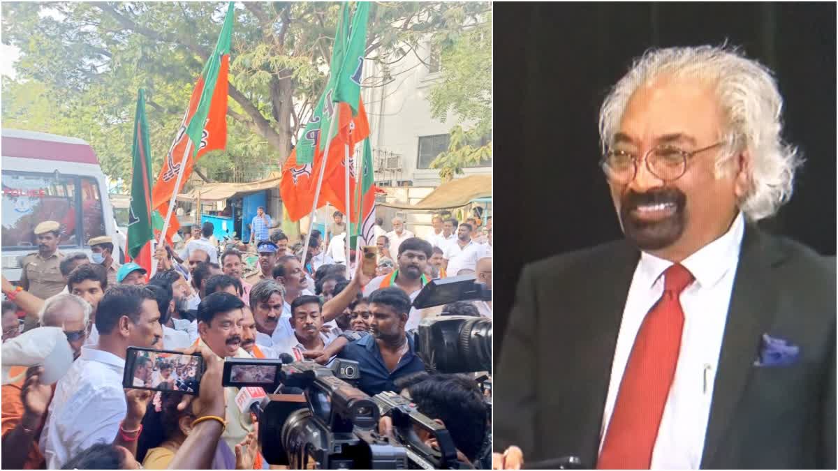 Karu Nagarajan protest and Sam Pitroda image