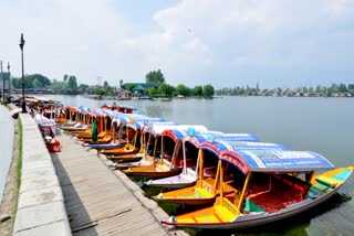 A view of shikara boats lined up at Dal Lake, in Srinagar.