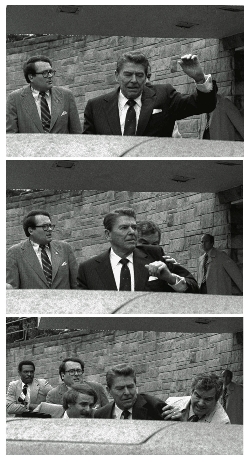 In this Monday, March 30, 1981 combination file photos, President Reagan waves, then looks up before being shoved into Presidential limousine by Secret Service agents after being shot outside a Washington hotel.