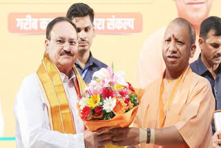 Union Health Minister and BJP National President JP Nadda being felicitated by UP CM Yogi Adityanath during State Working Committee meeting in Lucknow on Sunday.