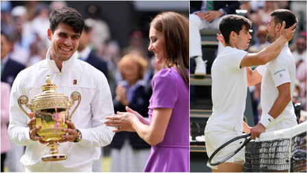 (Left) Carlos Alcaraz reacts after receiving his trophy from Kate, Princess of Wales. (Right)  Alcaraz is congratulated by Novak Djokovic.