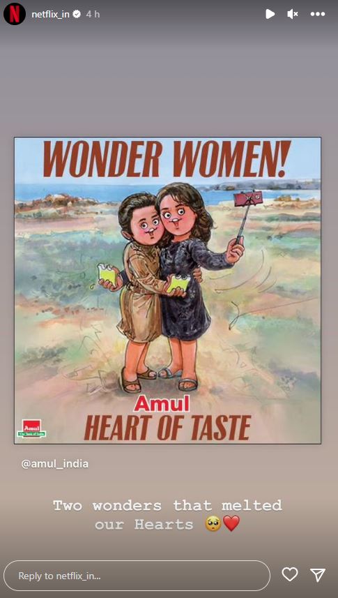 Dairy giant Amul has paid a creative tribute to Bollywood actress Alia Bhatt as she embarks on her Hollywood debut in the thrilling Netflix spy series Heart of Stone, where she shares the screen with international sensation Gal Gadot. This innovative Amul advertisement captures a pivotal scene from the series, depicting Alia and Gal's characters engaged in a confrontation amid a desert backdrop.
