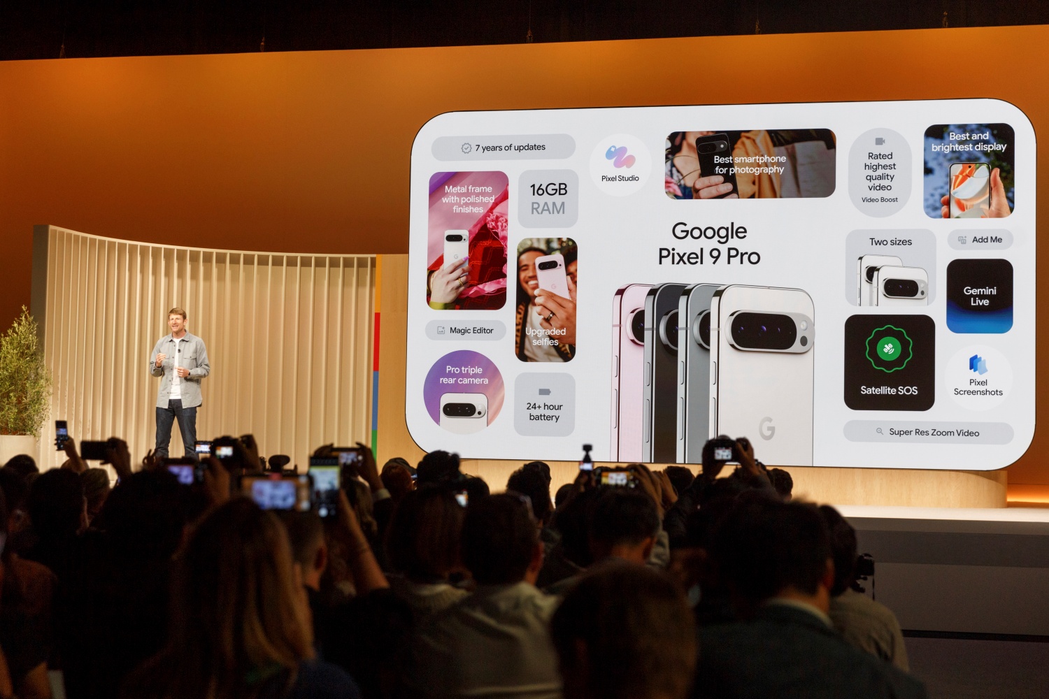 Brian Rakowski, Vice President of Product Management for Pixel phones and accessories, presents the new Google Pixel phones during new product announcements at Google on Tuesday, Aug. 13, 2024, in Mountain View, Calif.