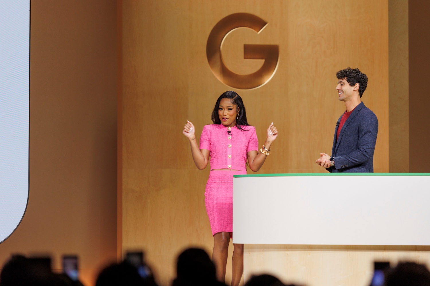 Actress Keke Palmer, left, surprises the audience on stage during Made By Google, alongside Alex Schiffhauer during an announcement of new products at Google on Tuesday, Aug. 13, 2024, in Mountain View, Calif.