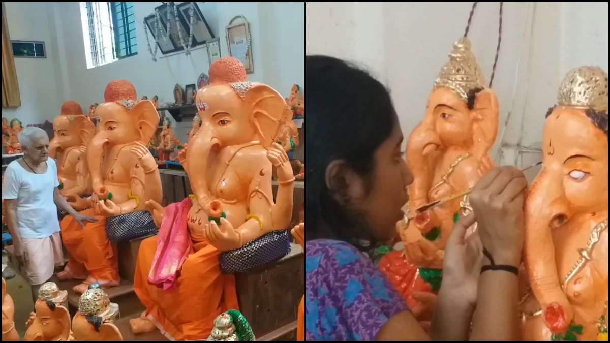 A family making idol of Ganesha