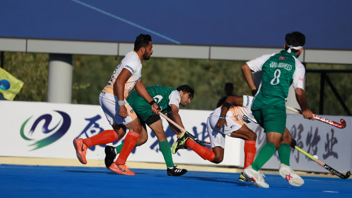 Captain Harmanpreet Singh's couple of goals helped India secure a comprehensive victory over their arch-rivals Pakistan in the final group stage clash at the Moqi Hockey Training Base in China on Saturday.