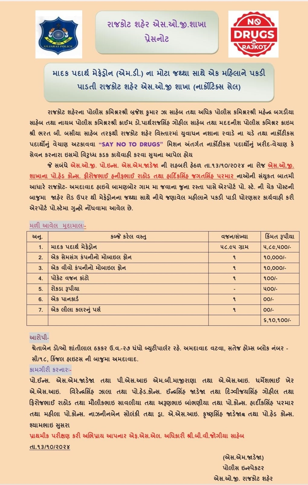 અમદાવાદમાં બ્યુટીપાર્લર ચલાવી યુવતી 58.95 ગ્રામ મેફેડ્રોન ડ્રગ્સ સાથે રાજકોટમાંથી ઝડપાઈ