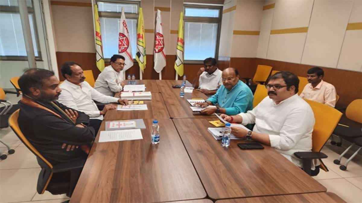 The first meeting of the Joint Manifesto Committee of Telugu Desam and Jana Sena concluded at NTR Bhavan, the TDP central office at Magalagiri in the Guntur district of Andhra Pradesh on Monday. In the meeting, the committee discussed the manifesto of TDP-Jana Sena as the main agenda of development with welfare. Manifesto Committee comprising Yanamala Ramakrishnudu, Ashok Babu, Pattabhi from TDP, Varaprasad, Mutta Shasidhar and Sarath Kumar from Jana Sena.