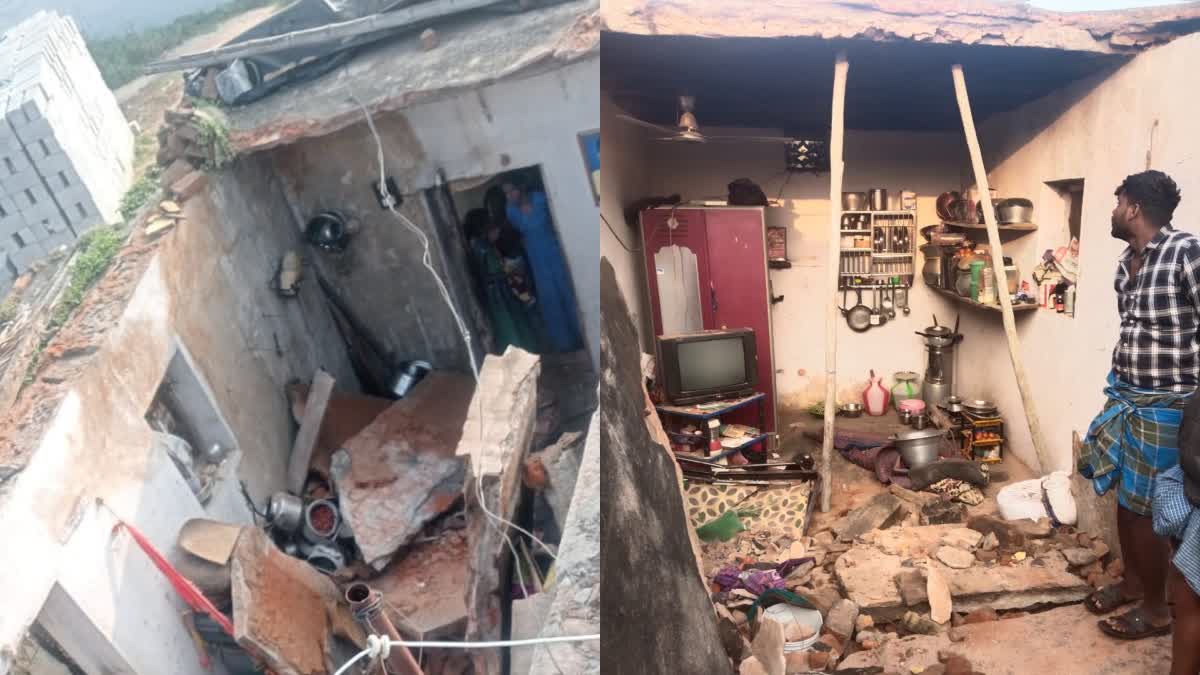 The roof of a collapsed house