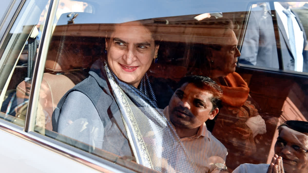 Congress Parliamentary Party chairperson Sonia Gandhi and party General Secretary Priyanka Gandhi Vadra depart from the Parliament House, in New Delhi on Friday.