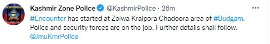 Encounter started at Zolwa Kralpora Chadoora ,security forces on a job