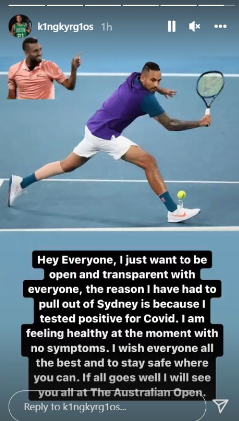 Nick Kyrgios tests Covid positive, Kyrgios tests COVID-19 positive, Nick Kyrgios withdraws from Australian Open, Nick Kyrgios covid