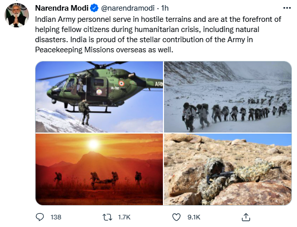 PM Modi extends wishes on the occasion of Army Day  Pm Modi wishes for army day  army day  ராணுவ தினம்  பிரதமர் மோடி ராணுவ தின வாழ்த்து  ராணுவ தின வாழ்த்து