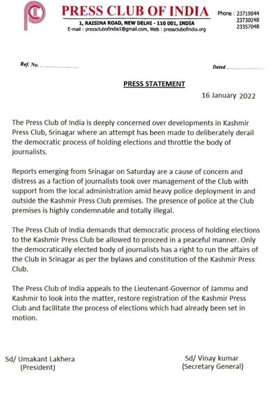Press Club of India on Kashmir Press Club