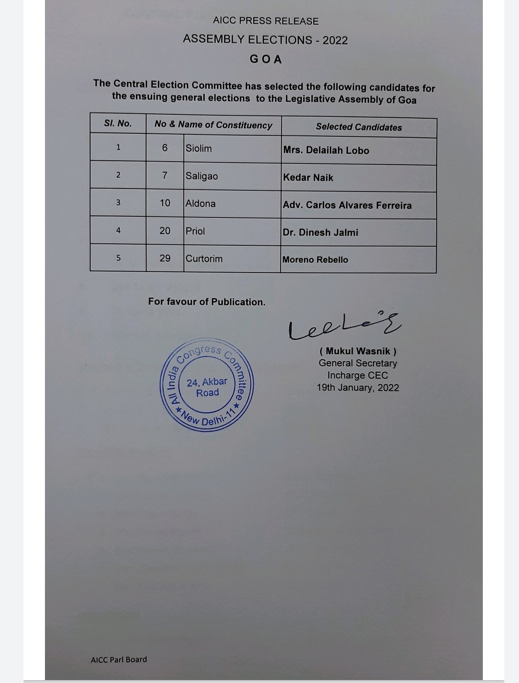 Congress releases another list of five candidates for the upcoming goa election 2022