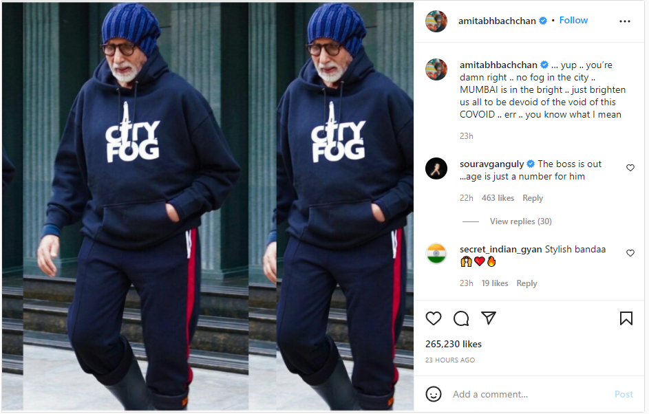 ourav Ganguly comments on Amitabh Bachchan instagram post