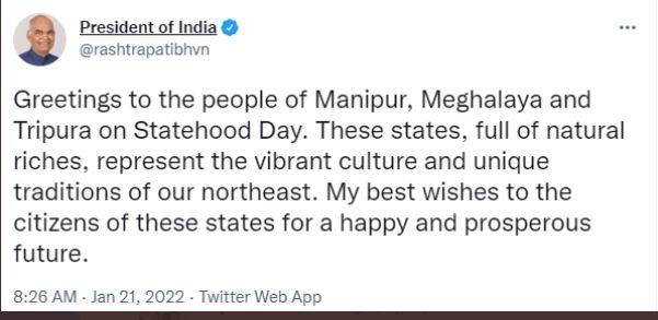 President and Prime Minister congratulate on the foundation day of Manipur, Meghalaya and Tripura