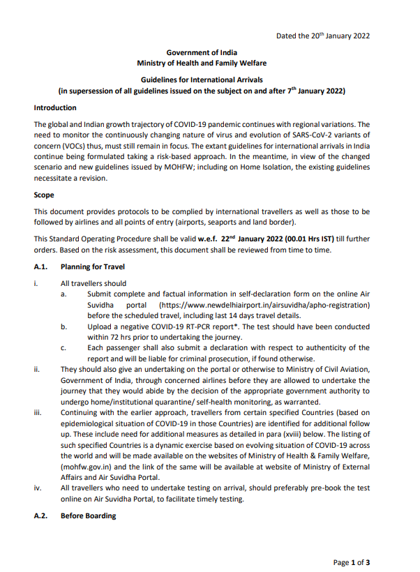 From Jan 22nd isolation facility not mandatory for int'l travelers arriving from at-risk countries