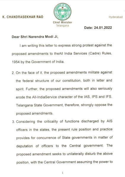 Telangana CM writes letter to PM Modi