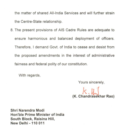 Telangana CM writes letter to PM Modi
