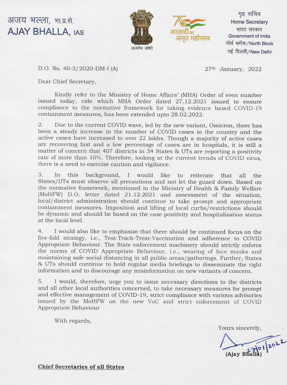 home secretary ajay bhalla letter to states