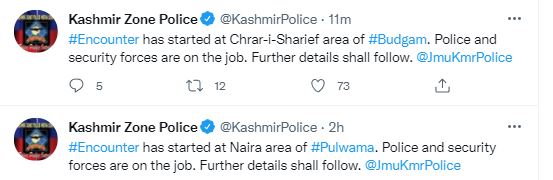 Encounter in Pulwama & Budgam ,security forces on a job