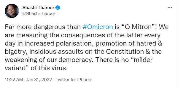sashi tharoor tweets o mitron is dangerous than omicron