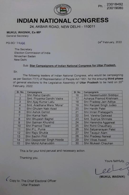 congress star campaigners list for uttar pradesh