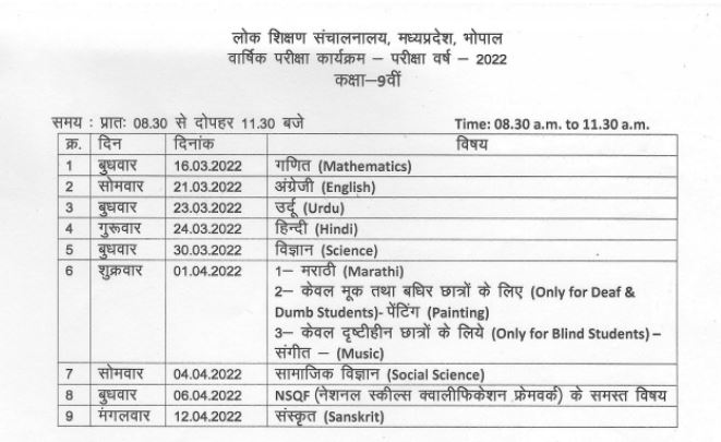 9th class date sheet