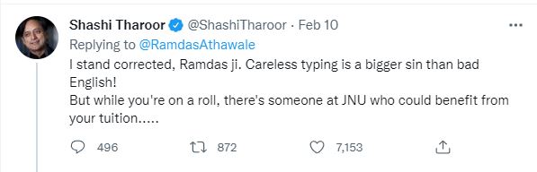 Shashi tharoor ramdas athawale twitter war