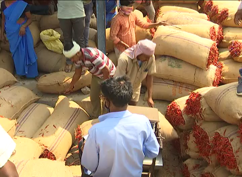 huge crowd of mirchi farmers to khammam market yard