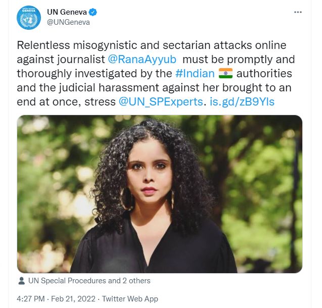 tweet of UN on rana ayyub