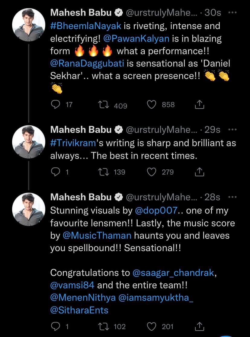 mahesh tweet on bheemla nayak