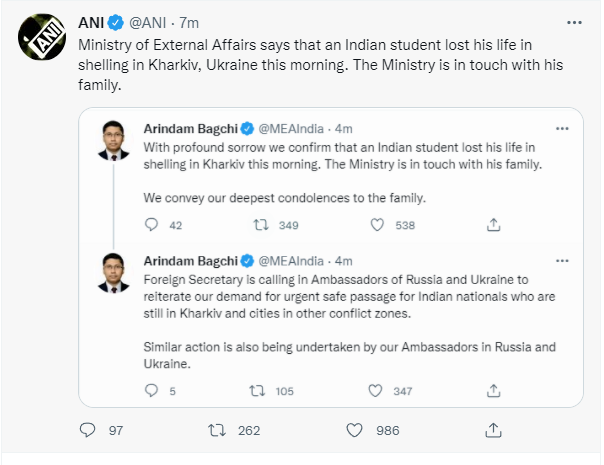 Indian Student Killed in Ukraine