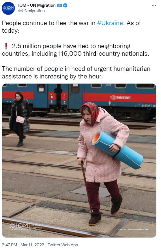 اقوام متحدہ کے مطابق 25 لاکھ سے زائد افراد یوکرین چھوڑ چکے ہیں۔