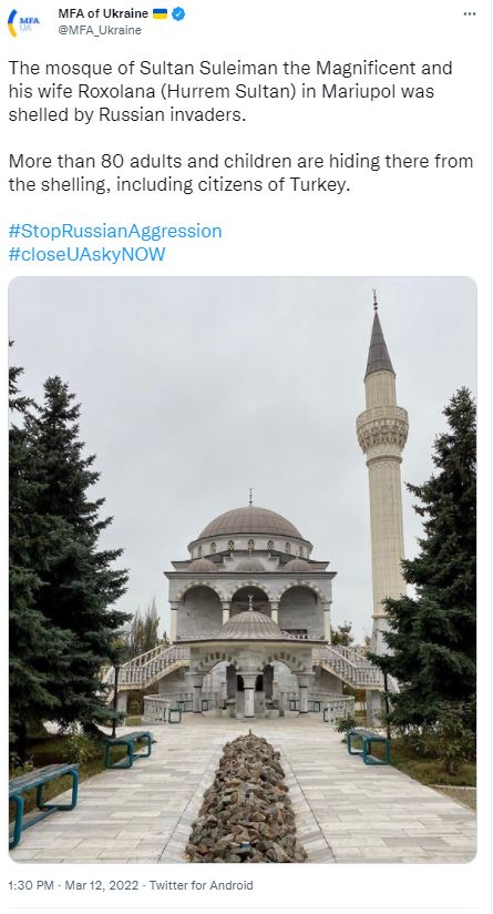 Ukraine says Russia shelled mosque in besieged Mariupol