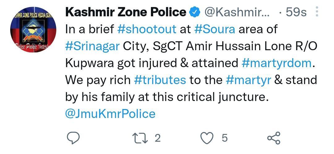 Policeman shot by unknown gunmen's in Soura