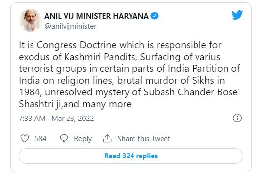 Anil Vij blames ‘Congress doctrine’ responsible for Kashmiri Pandits exodus, India’s partition