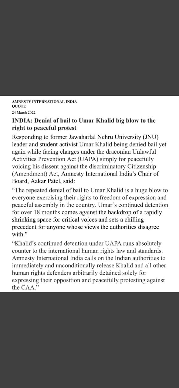 India: Denial of bail to Umar Khalid big blow to the right to peaceful protest